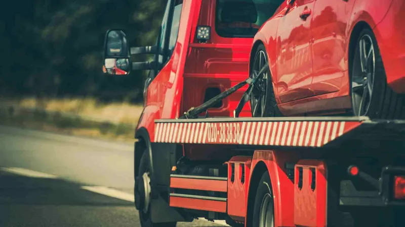 Gulf Coast Towing flatbed hauling vehicle on Mississippi highway